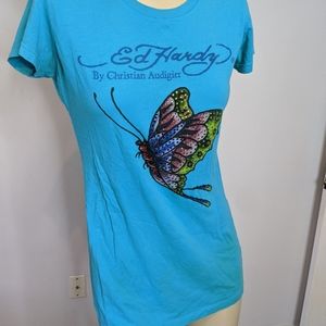 Ed Hardy Blue Butterfly Graphic Tee